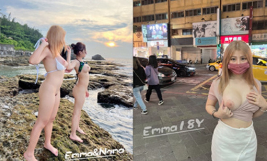 最新8月流出，推特八字大奶露臉反差婊【Emma18Y】高價訂閱福利，勇闖有人男廁景區超市露出道具紫薇野戰啪啪 (1)